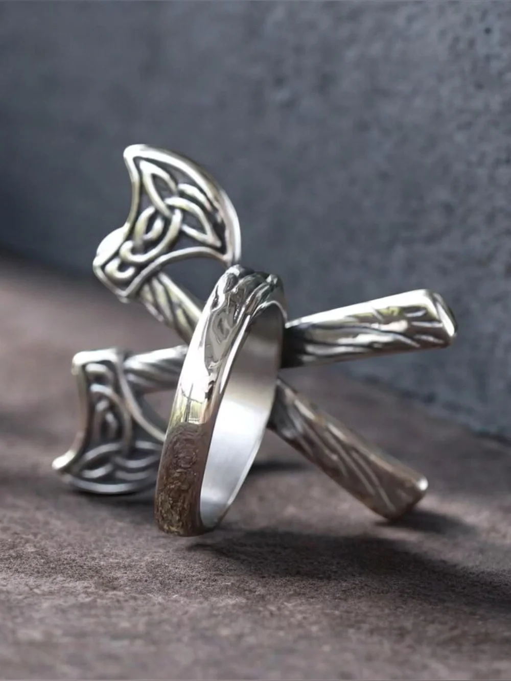 Stainless steel Viking double axe ring size 11